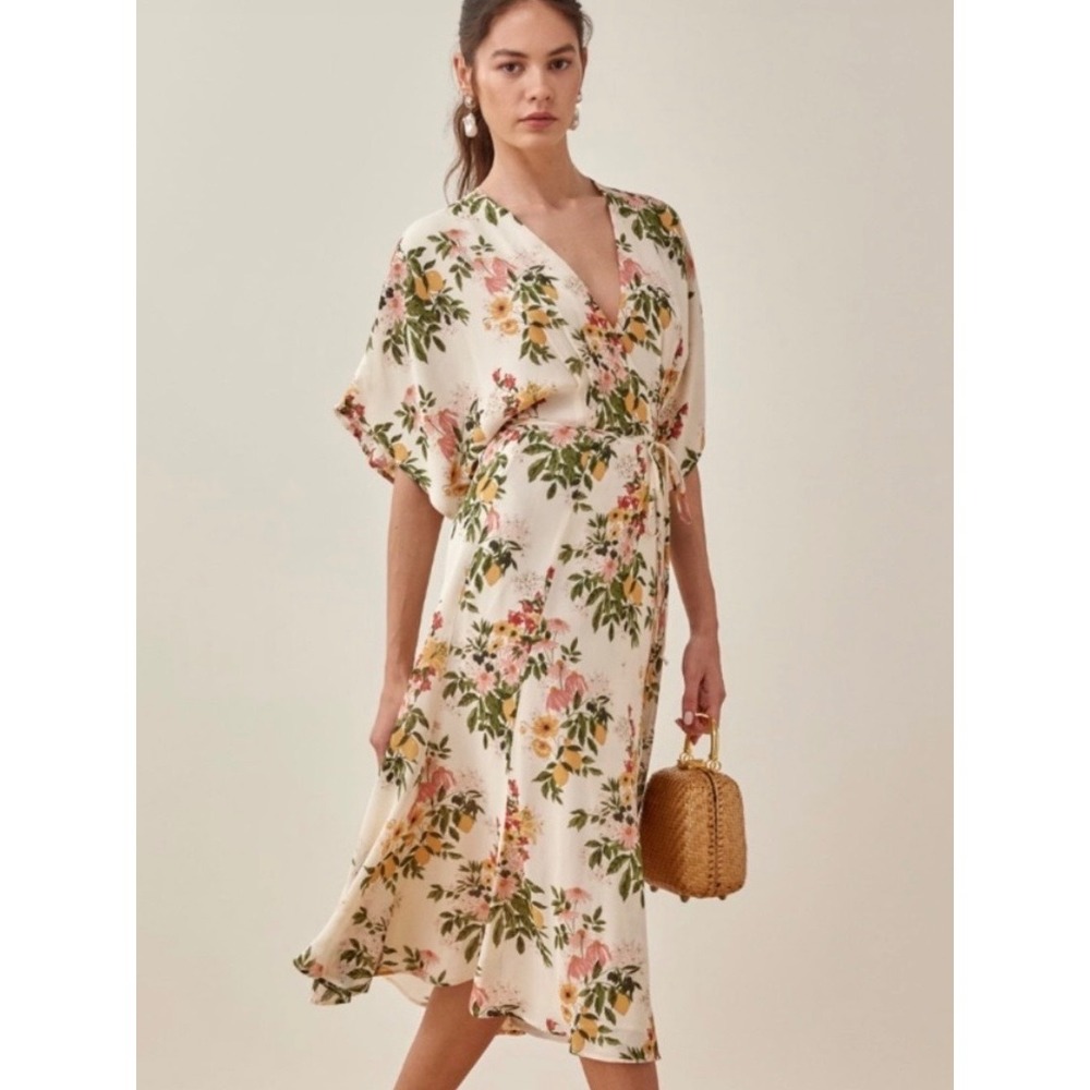 Reformation Karen wrap midi Dress in Milo Floral Size S lemon flowers cream